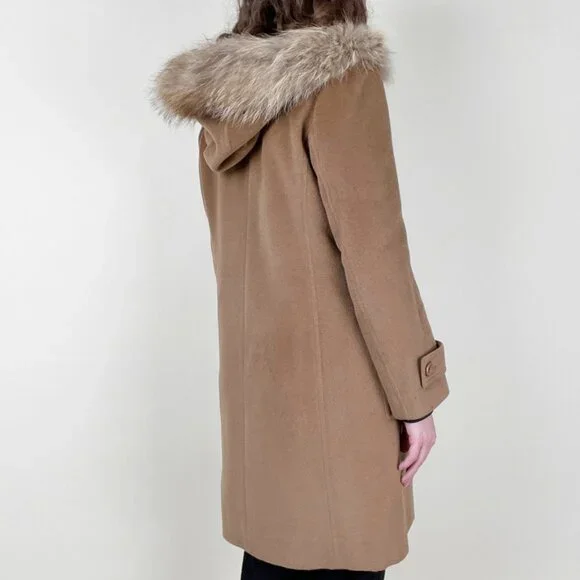 Vintage 100% Cashmere Fur Hood Duffle Jacket Peacoat Toggle Long Winter Pea Coat - Picture 4 of 11